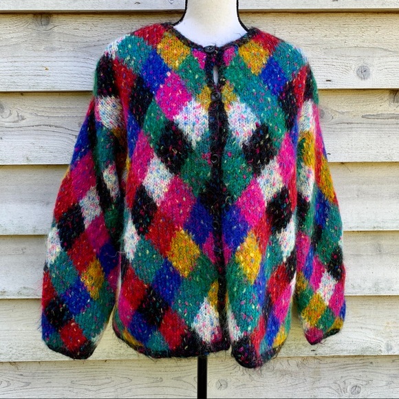 Vintage Sweaters - Vintage Fuzzy Mohair Checkered Cardigan Sweater